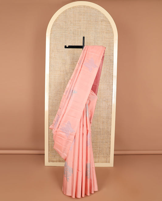 Borderless Peach floral design kancheepuram silk sareee with geometric design pallu
