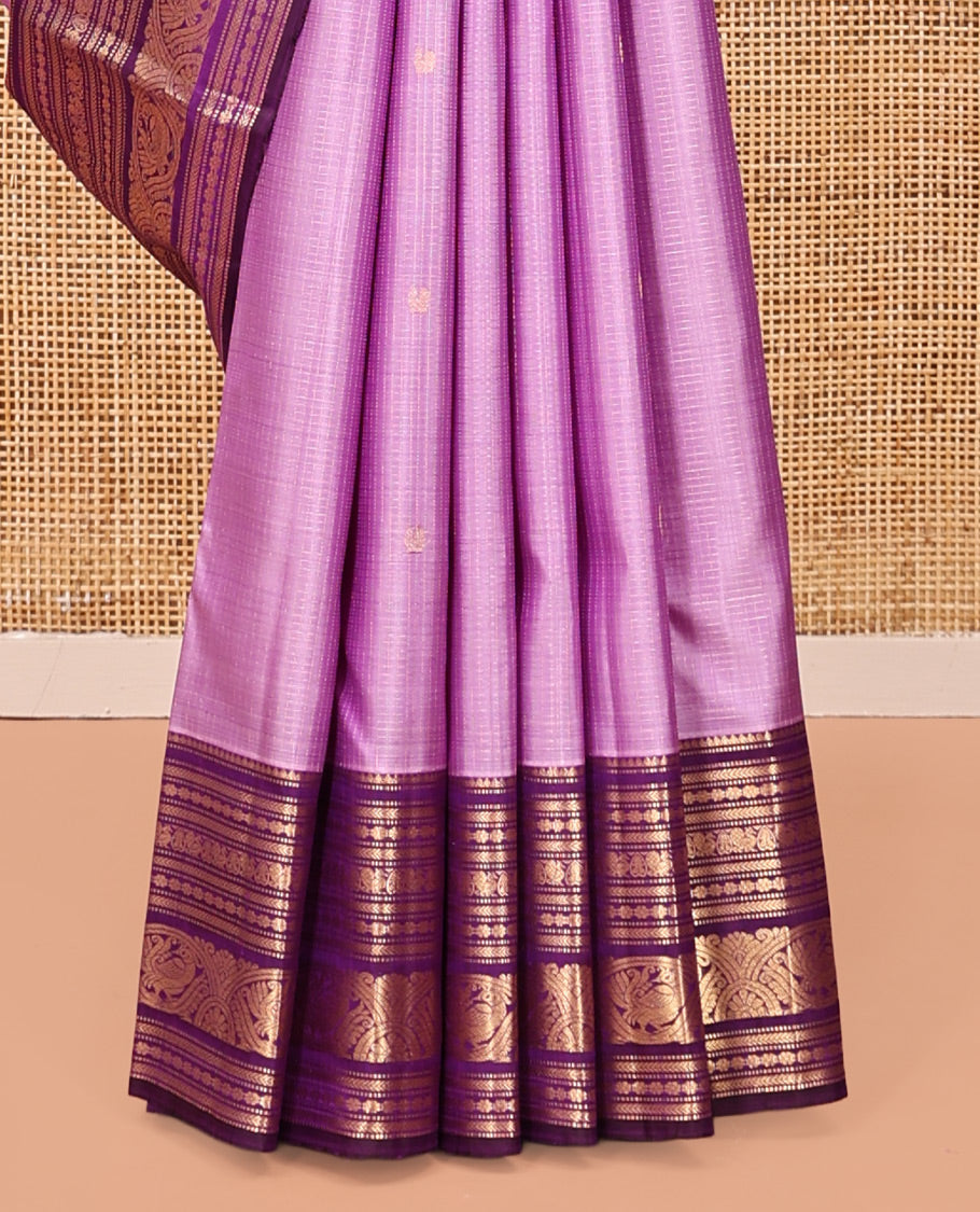 Light Purple Kanchipuram Silk Saree, Subtly Sparkled with Buttas, Complemented by a Contrast Border of Thilakam, Muthu, Kathir, Kamalam, and Mayil Designs, Jaal Pallu, and Contrast Blouse