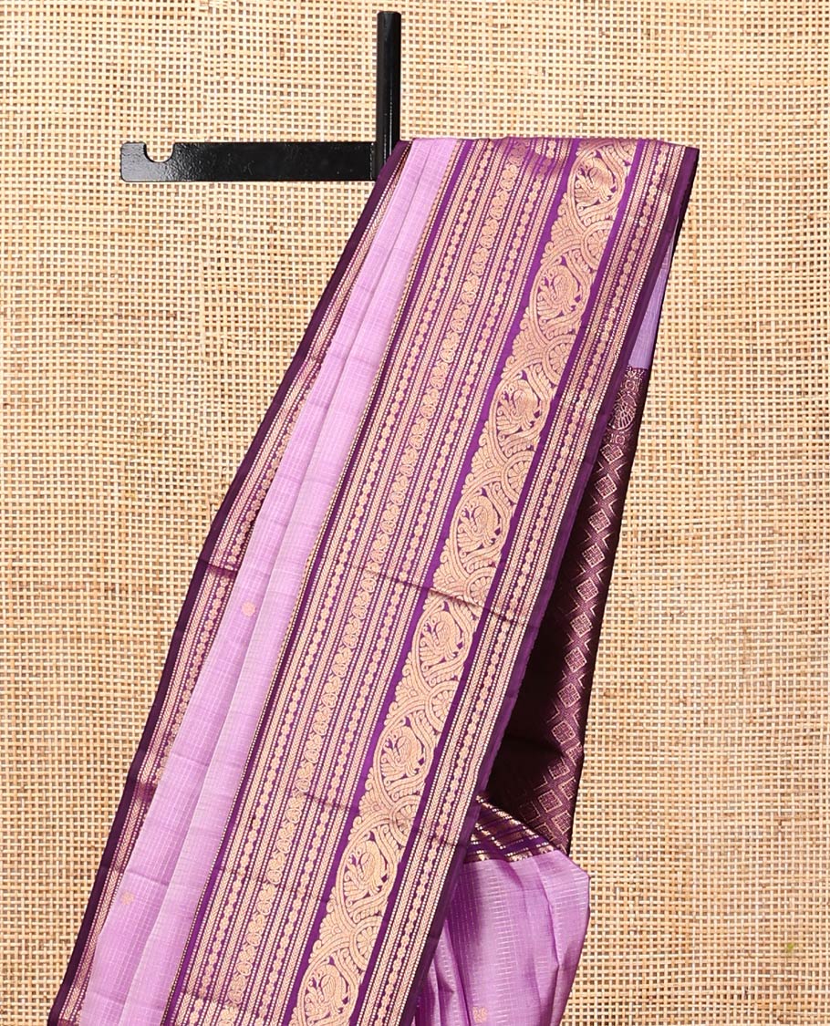 Light Purple Kanchipuram Silk Saree, Subtly Sparkled with Buttas, Complemented by a Contrast Border of Thilakam, Muthu, Kathir, Kamalam, and Mayil Designs, Jaal Pallu, and Contrast Blouse