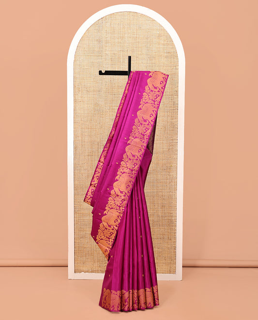 Pink Kanchipuram Designer Silk Saree, Adorned with Manga Buttas, Zari Border of Yaanai Designs, Grand Jaal Pallu, and a Matching Blouse