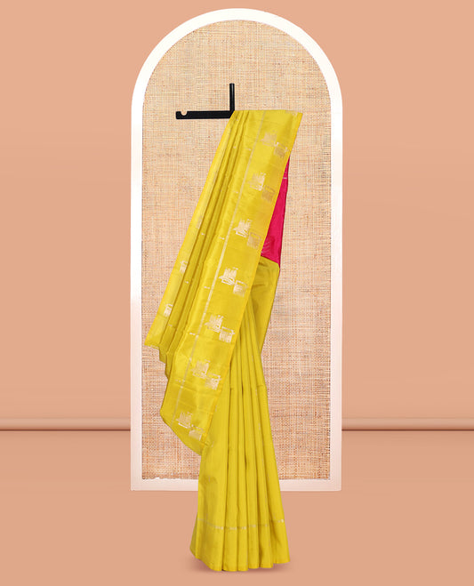 Yellow Kanchipuram Silk Saree, Sparsely Threaded with Zari Buttas, Highlighted by Zari Design Border, Contrast Zari Design Pallu, and a Contrast Blouse