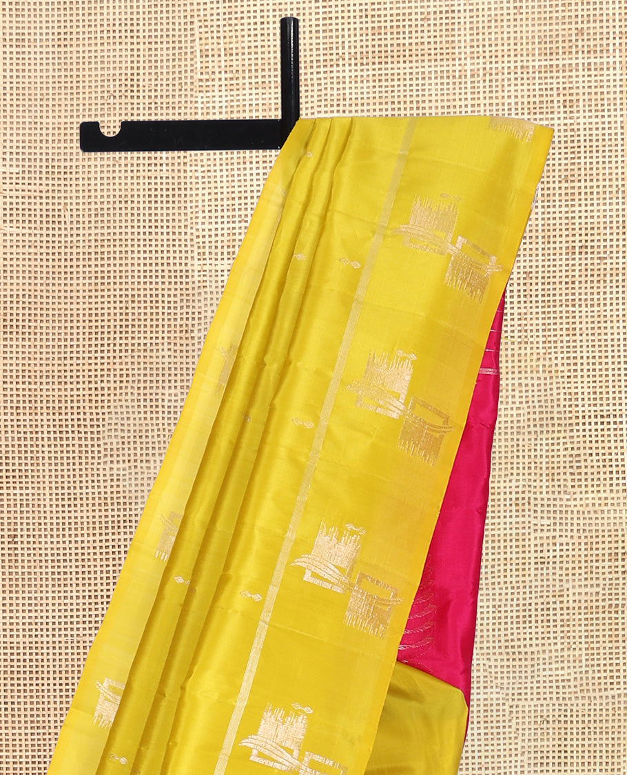 Yellow Kanchipuram Silk Saree, Sparsely Threaded with Zari Buttas, Highlighted by Zari Design Border, Contrast Zari Design Pallu, and a Contrast Blouse