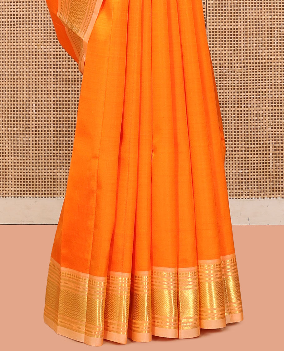 Orange Kanchipuram Silk Saree, Finely Crafted with Zari Buttas, a Contrast One-Sided Border of Paneer Sombu, Banaras, Muthu, and Mayil Kann Designs, a Zari Design Pallu, and No Blouse