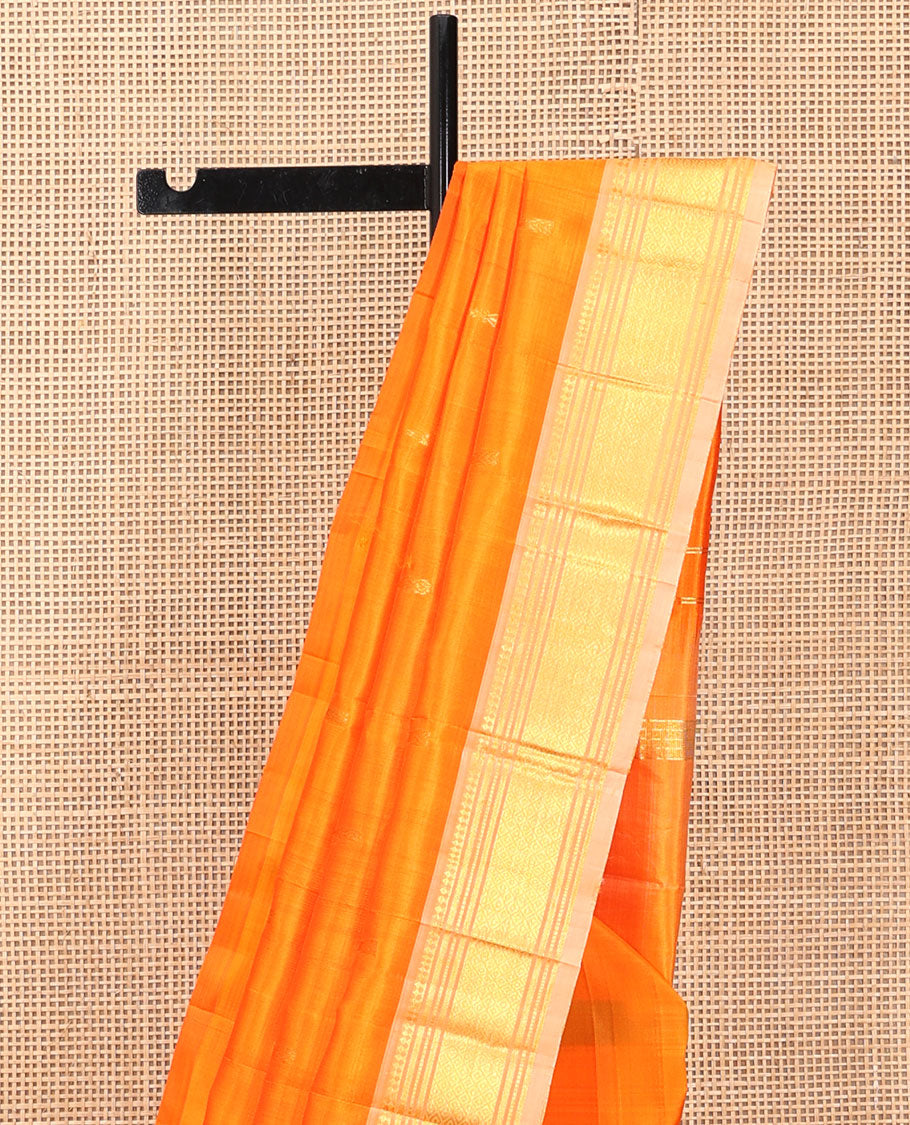 Orange Kanchipuram Silk Saree, Finely Crafted with Zari Buttas, a Contrast One-Sided Border of Paneer Sombu, Banaras, Muthu, and Mayil Kann Designs, a Zari Design Pallu, and No Blouse