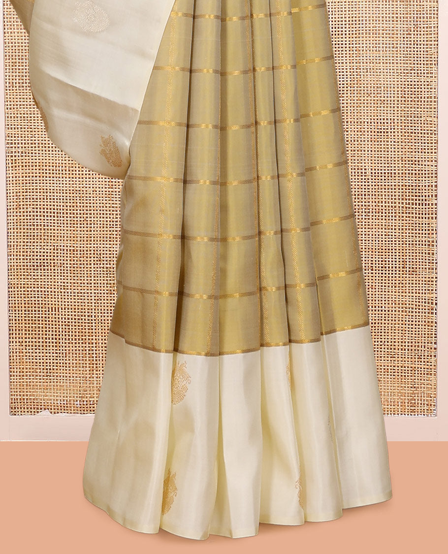 Gold Kanchipuram Silk Saree, Enriched with Zari Checks, a Contrast Zari Border, Grand Jaal Pallu, and a Contrast Blouse