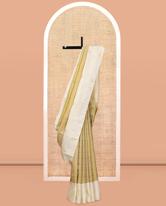 Gold Kanchipuram Silk Saree, Enriched with Zari Checks, a Contrast Zari Border, Grand Jaal Pallu, and a Contrast Blouse