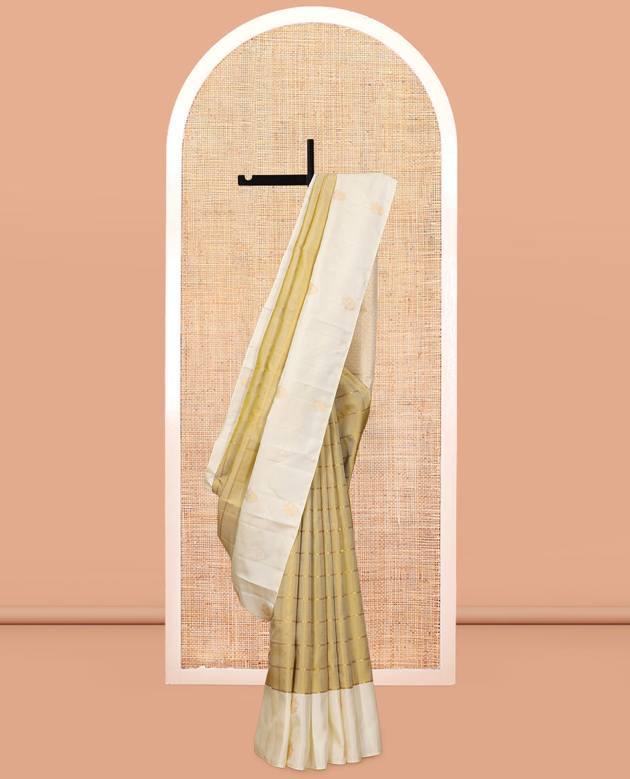Gold Kanchipuram Silk Saree, Enriched with Zari Checks, a Contrast Zari Border, Grand Jaal Pallu, and a Contrast Blouse