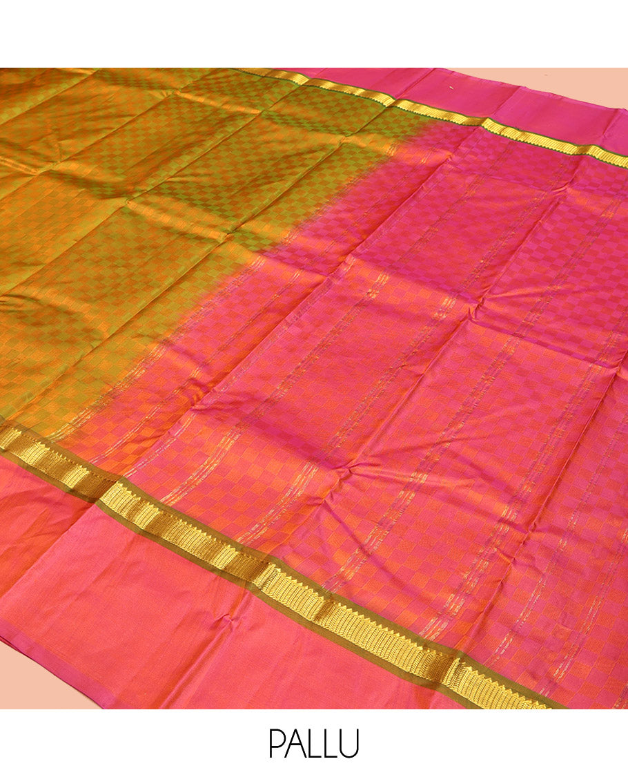 Green-Mustard Kanchipuram Silk Saree, Sparsely Woven with Paiyaadi Kattam on Its Body, Complemented by Contrast Kal Eragina Border of Rekku, and Vanki Designs, Zari-Striped Pallu, and Paired with a Contrast Blouse