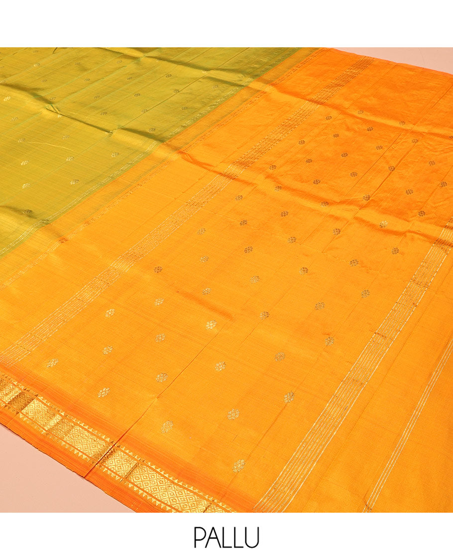 Green Kanchipuram Silk Saree, Delicately Woven with Zari Buttas, Complemented by a Contrast One-Sided Border of Rekku, and Mayil Kann Designs, Zari Design Pallu, and No Blouse