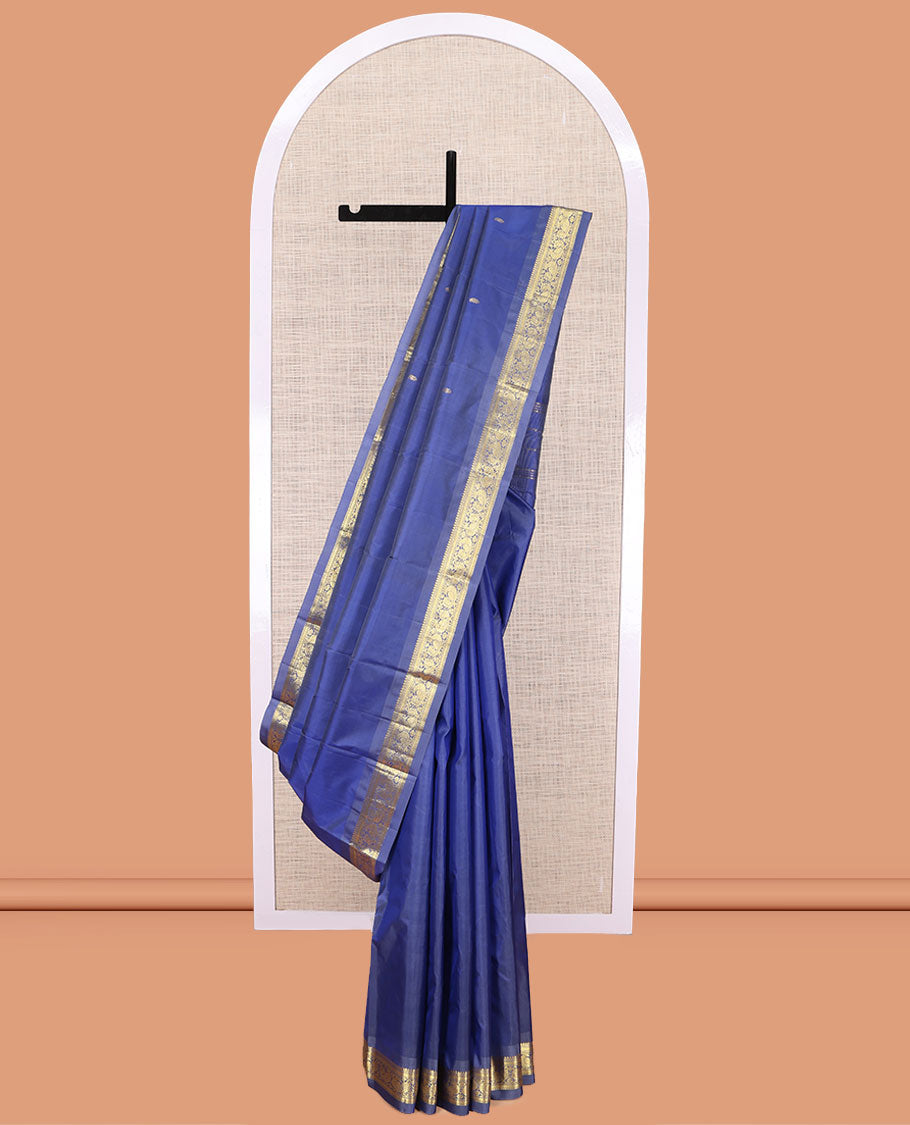 Blue Kanchipuram Silk Saree, Enriched with Zari Buttas, a Semi-Contrast Zari Border, Zari Design Pallu, and a Matching Blouse