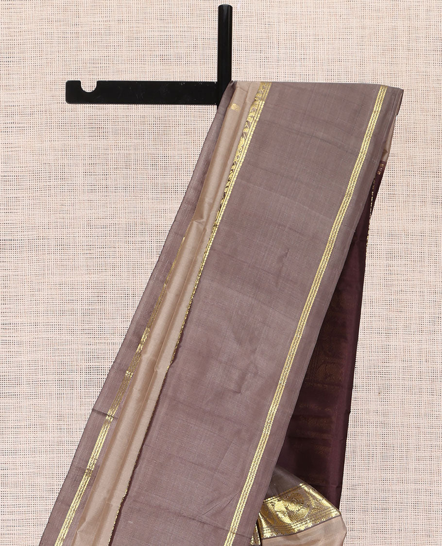 Grey Kanchipuram Silk Saree, Subtly Woven with Buttas, Complemented by a Contrast Rettai Pettu Mayil -Yaanai Border, Pallu of Zari Design, and Contrast Blouse