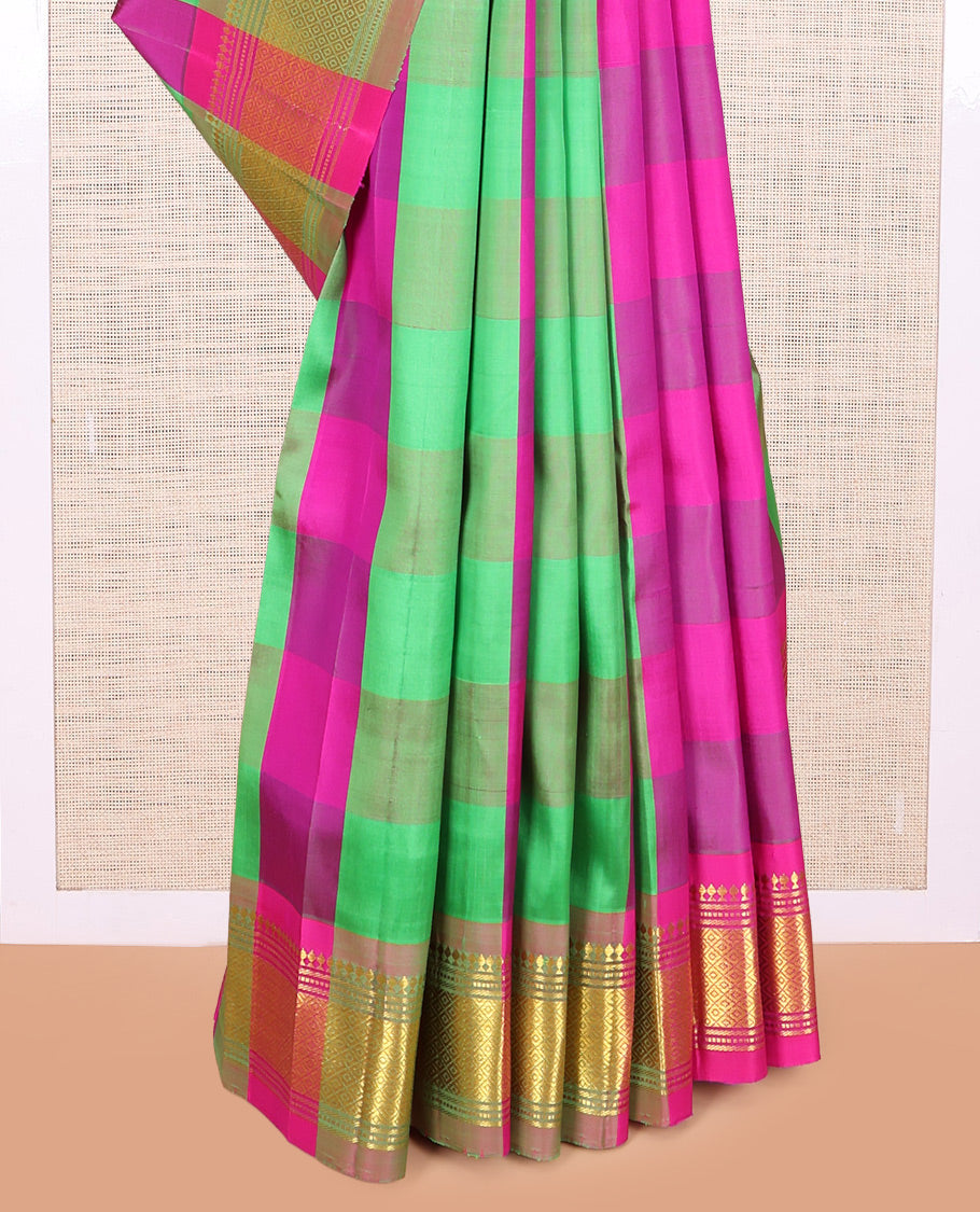 Multi-Color Palum Pazhamum Checked Kanchipuram Silk Saree, a Zari One-sided Border of Panner Sombu, Banaras, Muthu, and Mayil Kann Design, Zari Woven Pallu, and No Blouse