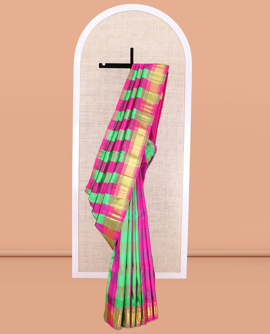 Multi-Color Palum Pazhamum Checked Kanchipuram Silk Saree, a Zari One-sided Border of Panner Sombu, Banaras, Muthu, and Mayil Kann Design, Zari Woven Pallu, and No Blouse