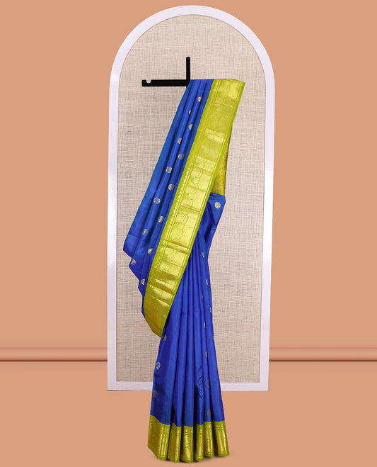 Blue Kanchipuram Silk Saree, Elevated with Zari Buttas, a Contrast Korvai One-Sided Border of Banaras, Kamalam, and Mayil Kann Design, Zari Design Pallu, and No Blouse