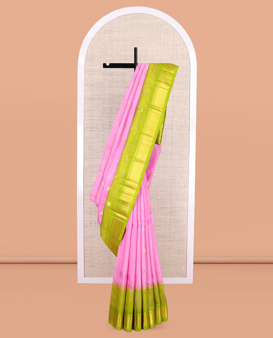 Pink Kanchipuram Silk Saree,  Woven with Yaanai Buttas, a Contrast One-Sided Thazampoo Rekku Border of Panner Sombu, Banaras, Muthu, and Mayil Kann Designs, Floral Pallu, and No Blouse