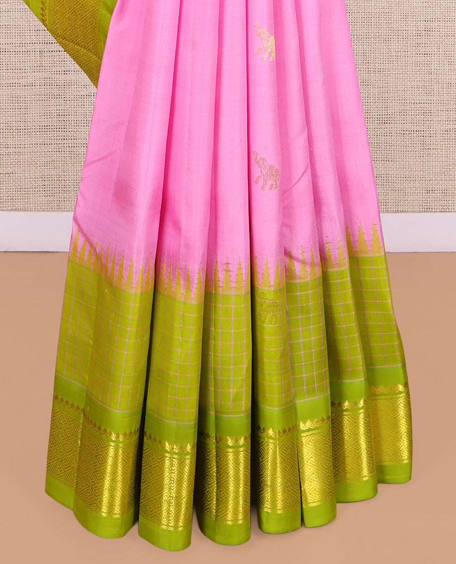 Pink Kanchipuram Silk Saree,  Woven with Yaanai Buttas, a Contrast One-Sided Thazampoo Rekku Border of Panner Sombu, Banaras, Muthu, and Mayil Kann Designs, Floral Pallu, and No Blouse