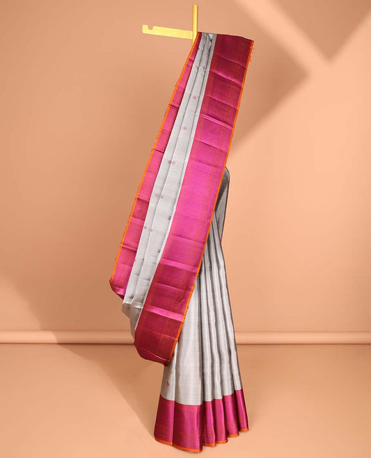 Grey floral, peacock buttas kancheepuram silk saree with contrast border of intricate zari design & intricate floral design pallu