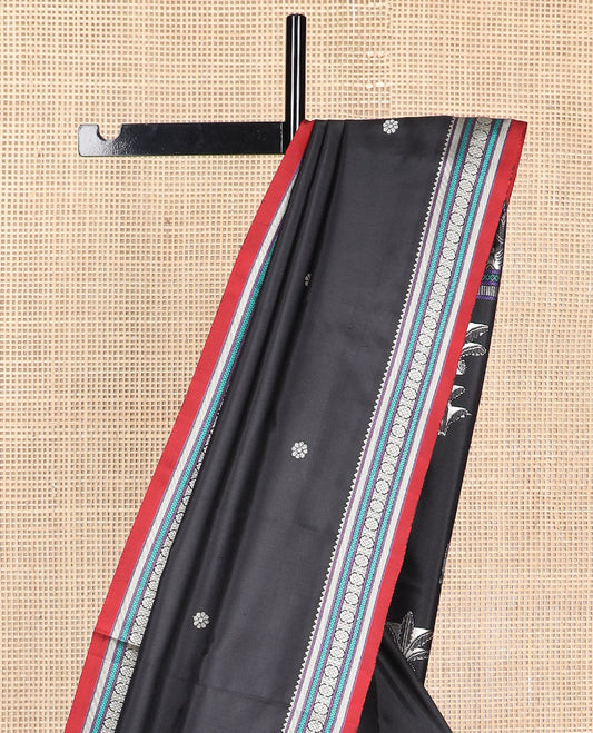 Black buttas kancheepuram silk saree with contrast border of rekku, poo chakram design & zari design pallu