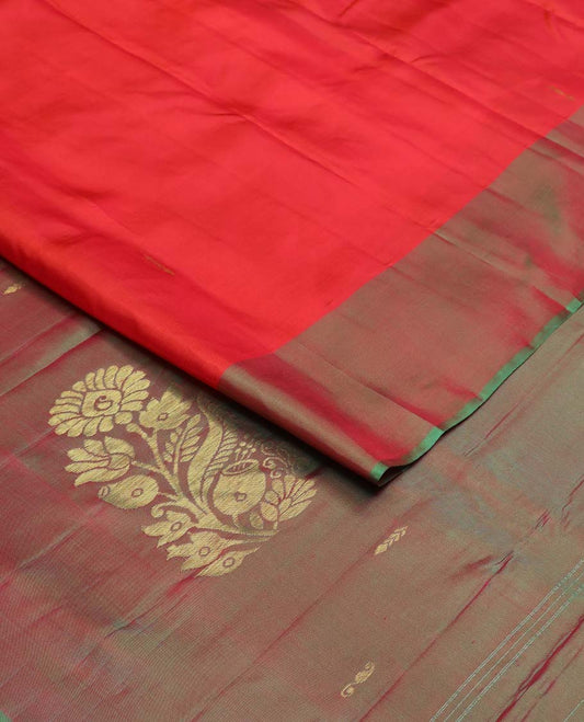 Red  buttas kancheepuram silk saree with contrast floral design border & striped, floral motifs pallu