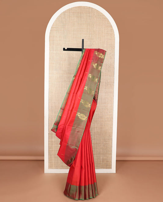 Red  buttas kancheepuram silk saree with contrast floral design border & striped, floral motifs pallu