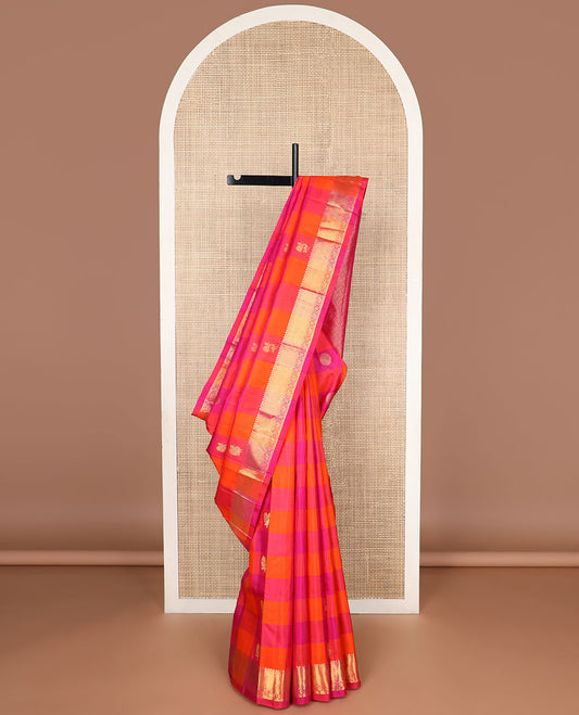 Multicolor checked, buttas kancheepuram silk saree with contrast border of thilakam mokku, muthu, banaras, design & checked floral design pallu