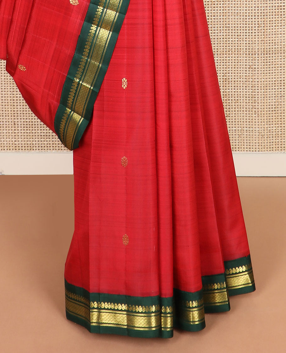 Red zari buttas Kanchipuram silk saree, contrast one-sided korvai border of manga,banaras & mayil kann & kamalam motif pallu