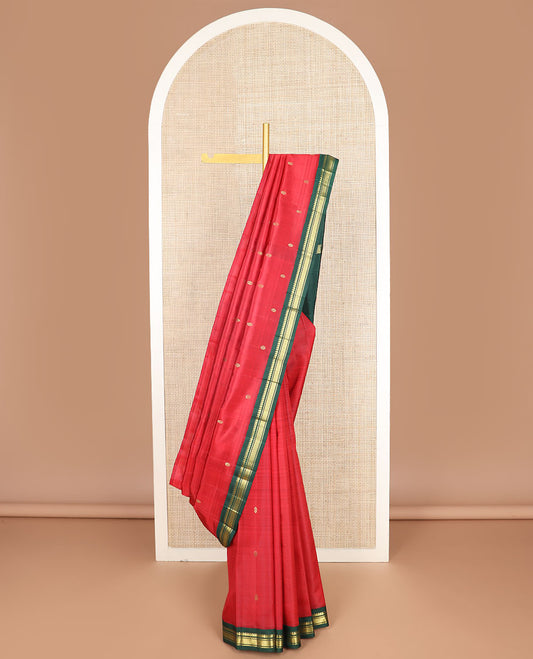 Red zari buttas Kanchipuram silk saree, contrast one-sided korvai border of manga,banaras & mayil kann & kamalam motif pallu