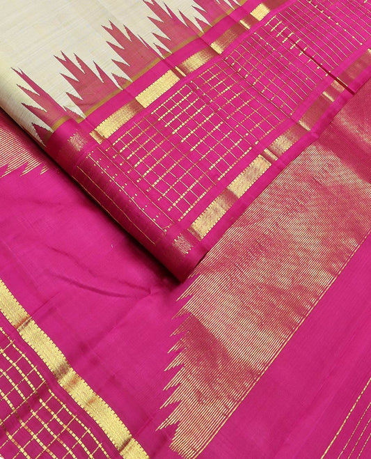 Green zari buttas kanchipuram silk saree, contrast one-sided thazampoo rekku muthu kattam zari border & pillaiyar mokku pallu
