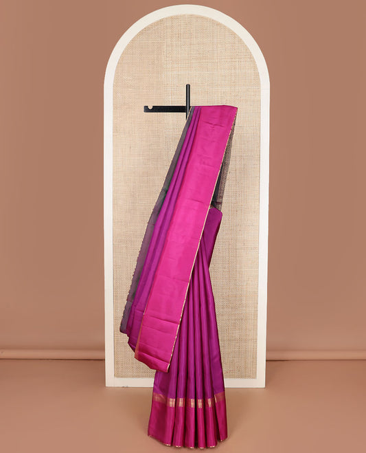 Purple plain Kanchipuram silk saree, contrast rettai pettu traditional zari border & pallu of kathir,neli, rudraksham,ara maadam, ara bogudi, banaras & lavangam