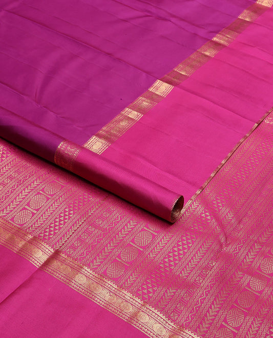 Purple plain Kanchipuram silk saree, contrast rettai pettu traditional zari border & pallu of kathir,neli, rudraksham,ara maadam, ara bogudi, banaras & lavangam
