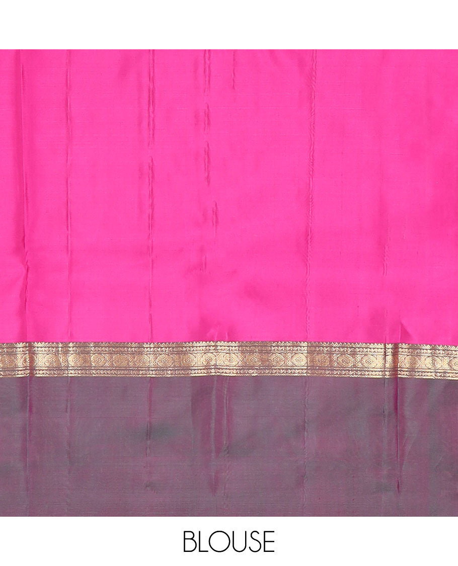 Purple plain Kanchipuram silk saree, contrast rettai pettu traditional zari border & pallu of kathir,neli, rudraksham,ara maadam, ara bogudi, banaras & lavangam