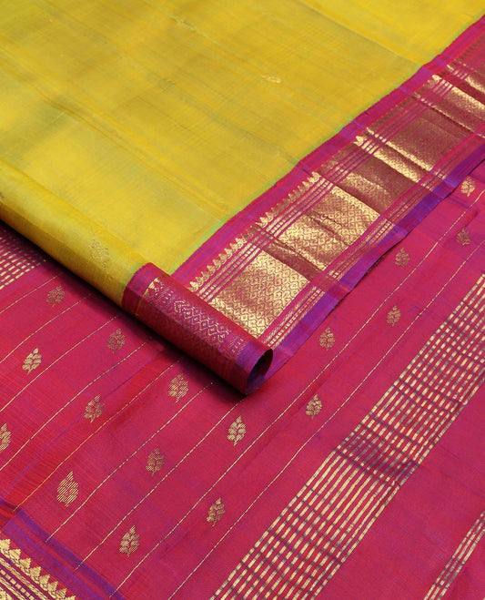 Green zari buttas silk saree, contrast one-sided border of thilakam mokku,banaras,muthu & then kuli kann & zari design pallu