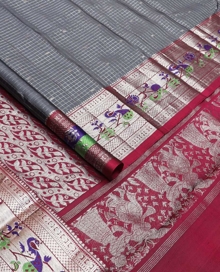 Grey zari buttas with checked Kanchipuram silk saree, contrast traditional zari design with Paithani style peacock motif border, and leaf and geometric woven pallu