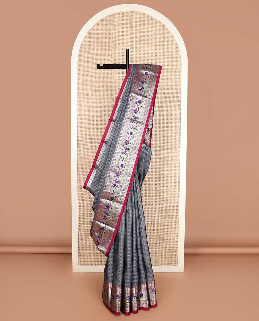 Grey zari buttas with checked Kanchipuram silk saree, contrast traditional zari design with Paithani style peacock motif border, and leaf and geometric woven pallu
