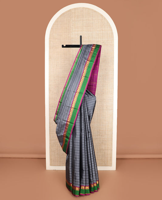 Grey striped Kanchipuram silk saree, contrast rettai pettu zari design border, and zari striped pallu