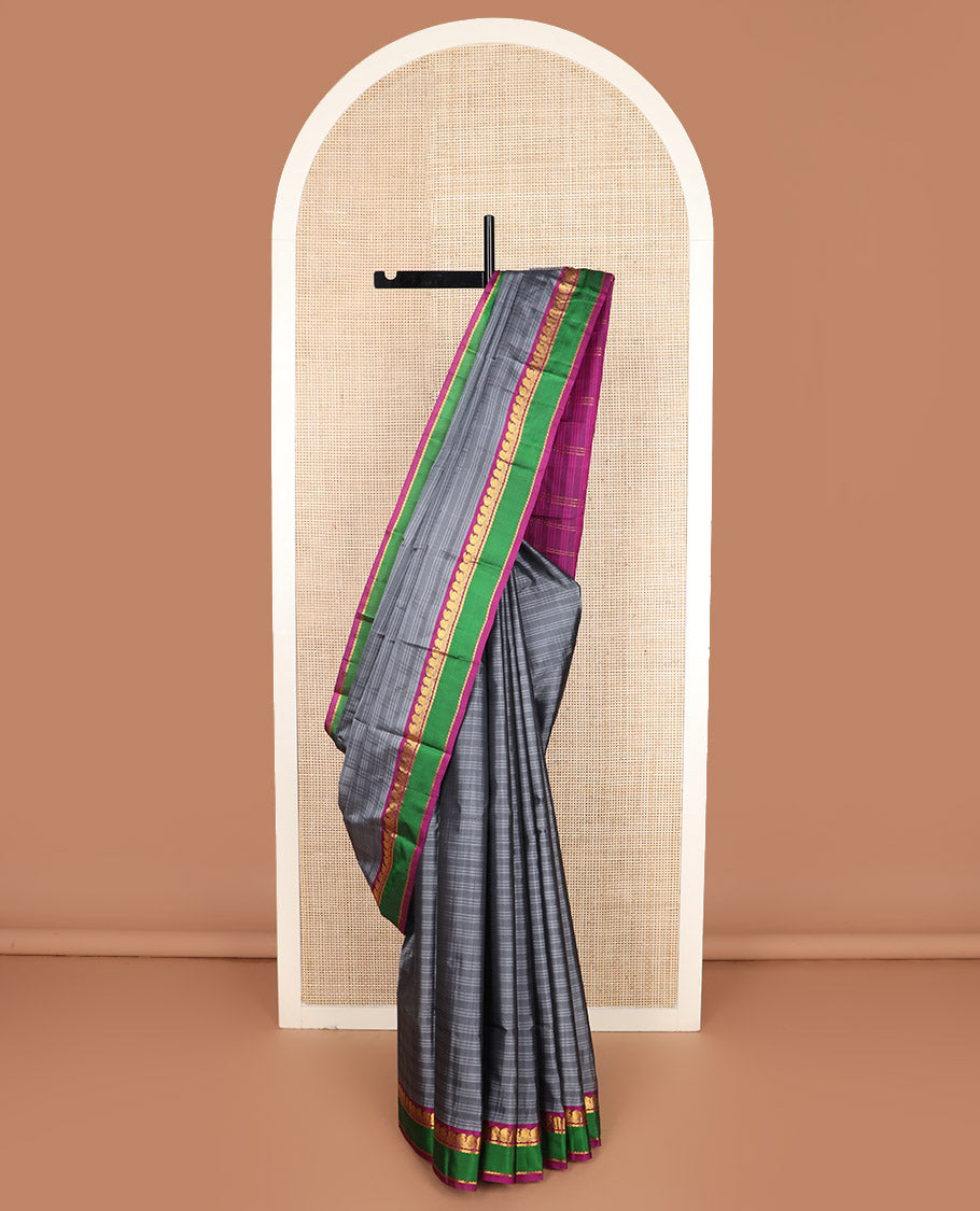 Grey striped Kanchipuram silk saree, contrast rettai pettu zari design border, and zari striped pallu