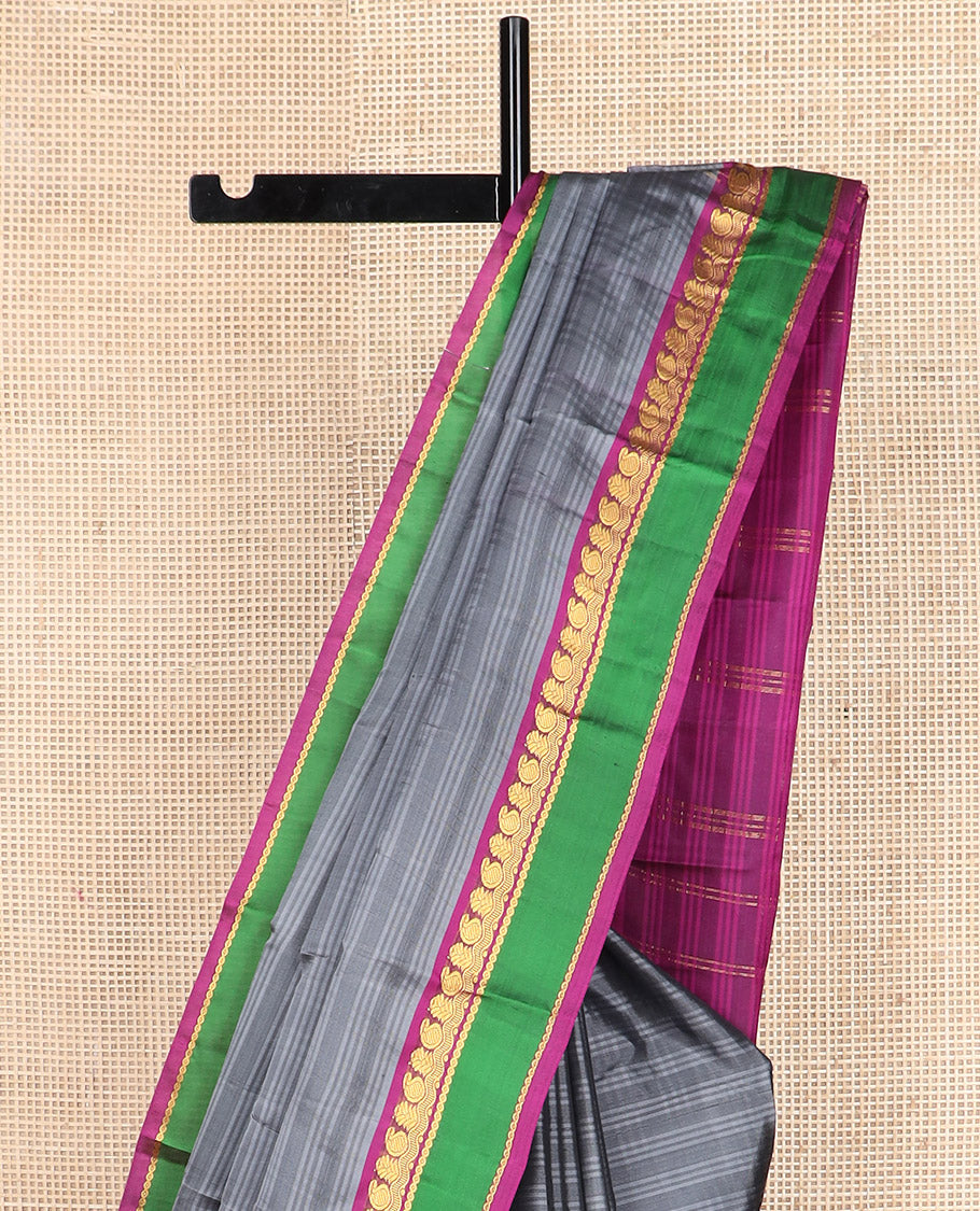 Grey striped Kanchipuram silk saree, contrast rettai pettu zari design border, and zari striped pallu