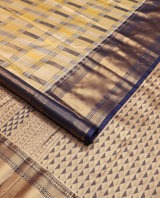 Multi-color checked Kanchipuram tissue silk saree, contrast traditional zari border, and pallu of ara maadam designs
