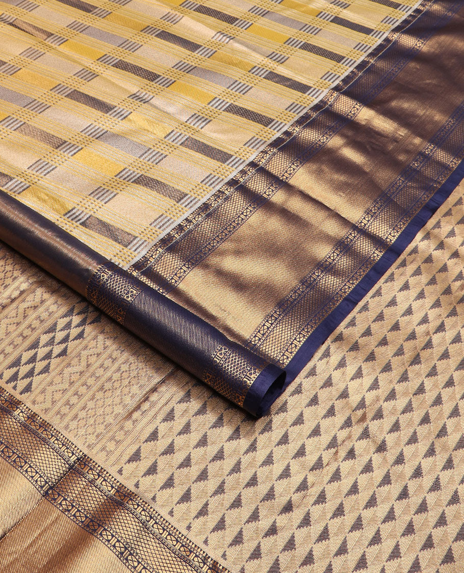Multi-color checked Kanchipuram tissue silk saree, contrast traditional zari border, and pallu of ara maadam designs
