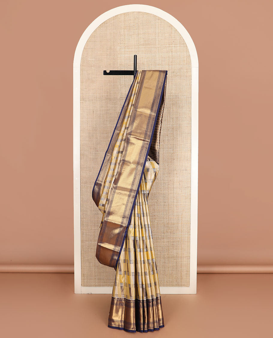 Multi-color checked Kanchipuram tissue silk saree, contrast traditional zari border, and pallu of ara maadam designs