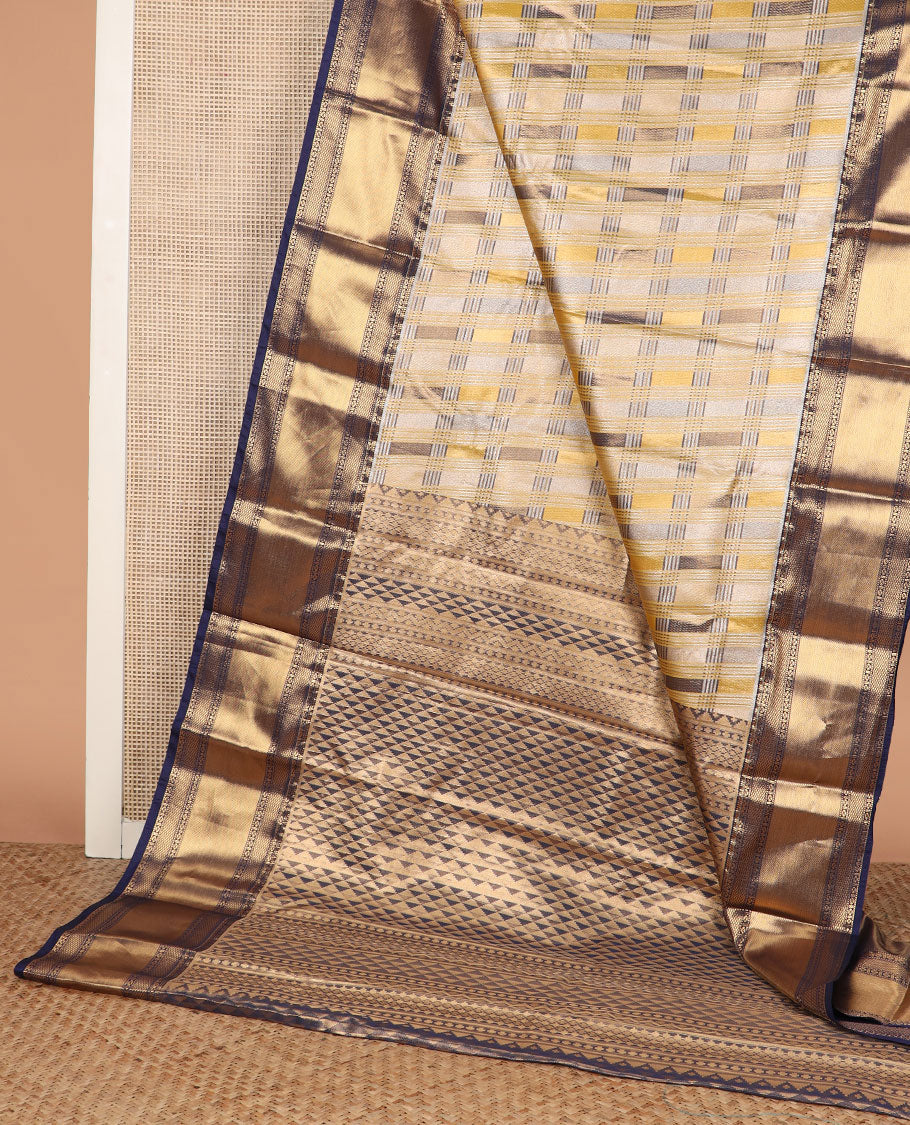 Multi-color checked Kanchipuram tissue silk saree, contrast traditional zari border, and pallu of ara maadam designs