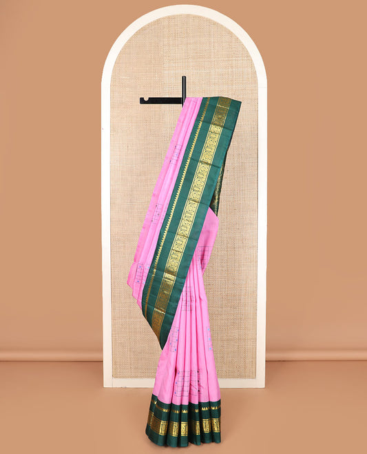 Pink daayam kattam inspired motifs Kanchipuram silk saree, contrast korvai rettai pettu border of thilakam mokku, and manga designs, and pallu of mayil chariot designs