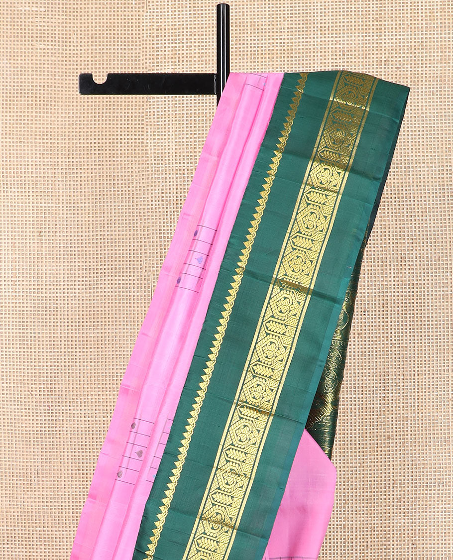 Pink daayam kattam inspired motifs Kanchipuram silk saree, contrast korvai rettai pettu border of thilakam mokku, and manga designs, and pallu of mayil chariot designs