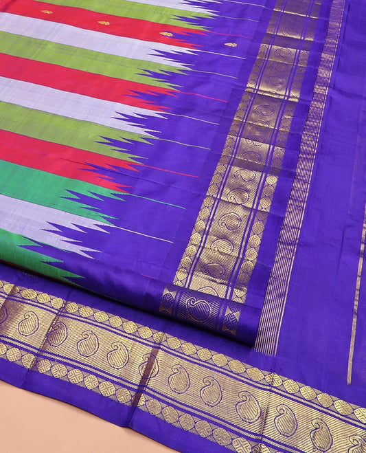Multi-Colored Kanchipuram Silk Saree Accentuated with Stripes and Zari Buttas All Over Its Body, Complemented by Contrast Thzampoo Rekku One-sided Border Featuring Rudraksham and Manga Designs, Zari Design Pallu, and Comes Without a Blouse