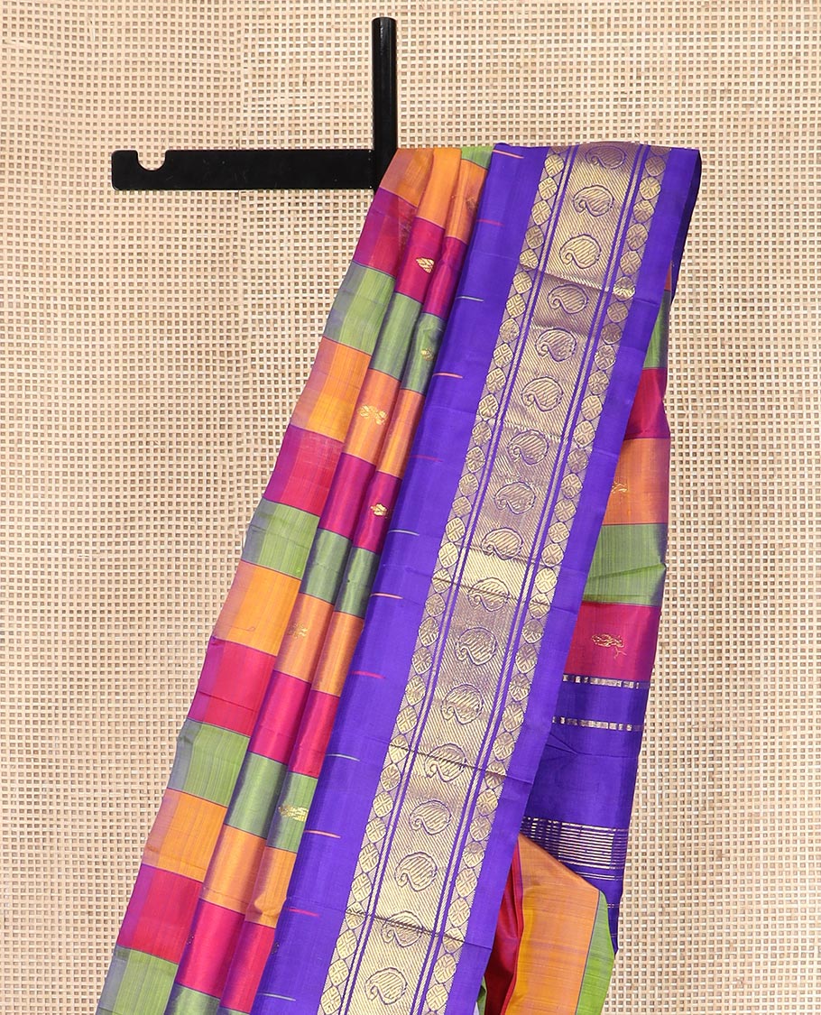 Multi-Colored Kanchipuram Silk Saree Accentuated with Stripes and Zari Buttas All Over Its Body, Complemented by Contrast Thzampoo Rekku One-sided Border Featuring Rudraksham and Manga Designs, Zari Design Pallu, and Comes Without a Blouse