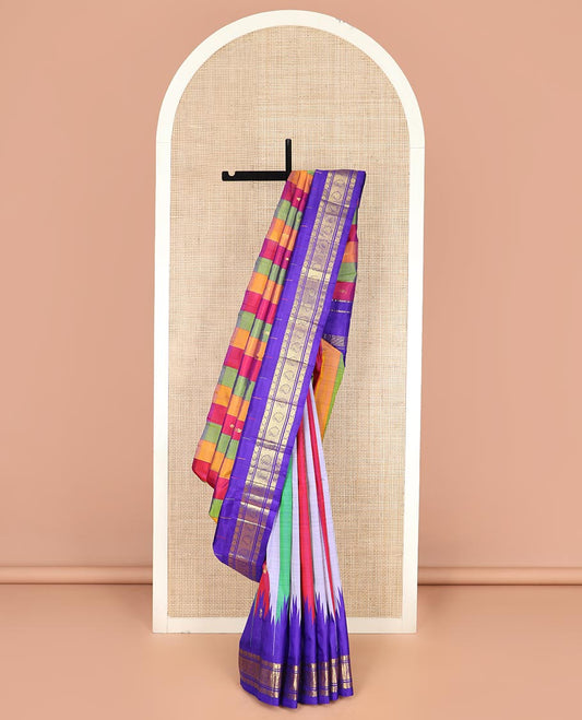Multi-Colored Kanchipuram Silk Saree Accentuated with Stripes and Zari Buttas All Over Its Body, Complemented by Contrast Thzampoo Rekku One-sided Border Featuring Rudraksham and Manga Designs, Zari Design Pallu, and Comes Without a Blouse