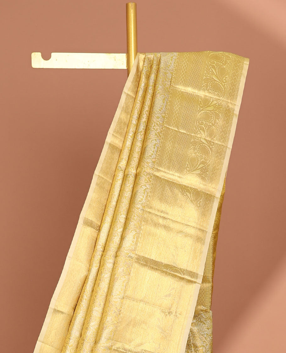 Green  floral vine design kancheepuram tissue silk saree, self border of muthu, banaras, manga design & intricate zari pallu