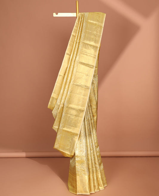 Yellow floral vine design kancheepuram tissue silk saree, self border of muthu, banaras, manga design & intricate zari pallu