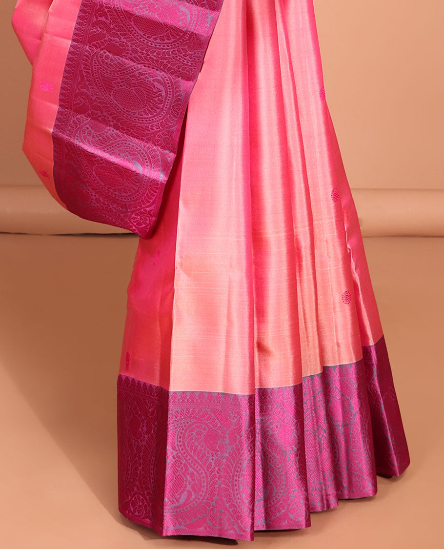 Pink buttas kancheepuram silk saree with contrast intricate zari border & floral, argyle design pallu