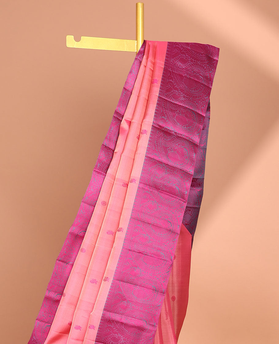 Pink buttas kancheepuram silk saree with contrast intricate zari border & floral, argyle design pallu